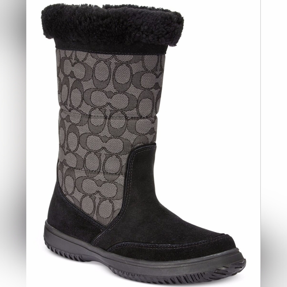 Coach Shoes - COACH - SHERMAN SUEDE SIGNATURE LOGO BLACK SMOKE WOMENS FLAT WINTER BOOTS